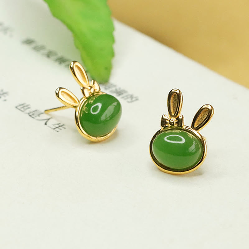 EverestArtstudios 925 Sterling Silver Hetian Cyan Jade Cute Rabbit Luck Stud Earrings
