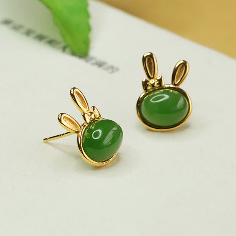 EverestArtstudios 925 Sterling Silver Hetian Cyan Jade Cute Rabbit Luck Stud Earrings