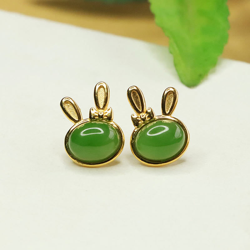 EverestArtstudios 925 Sterling Silver Hetian Cyan Jade Cute Rabbit Luck Stud Earrings