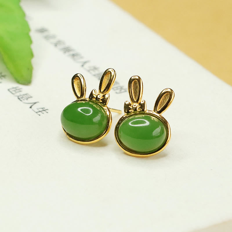 EverestArtstudios 925 Sterling Silver Hetian Cyan Jade Cute Rabbit Luck Stud Earrings