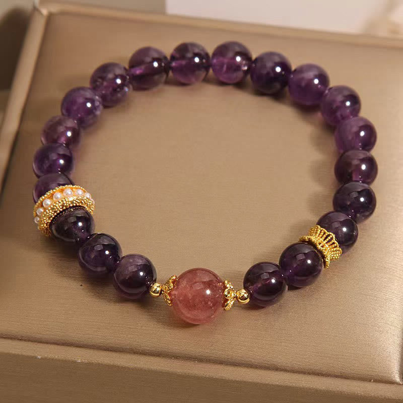 EverestArtstudios Genuine Amethyst Serene Strawberry Quartz Beads Harmony Bracelet