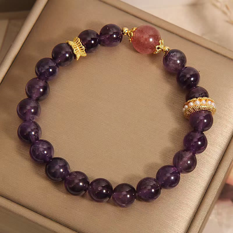 EverestArtstudios Genuine Amethyst Serene Strawberry Quartz Beads Harmony Bracelet