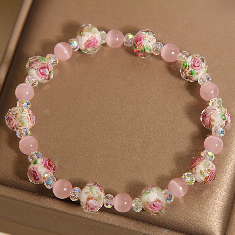 Buddha Stones Pink Crystal Liuli Glass Bead Cat's Eye Warmth Bracelet