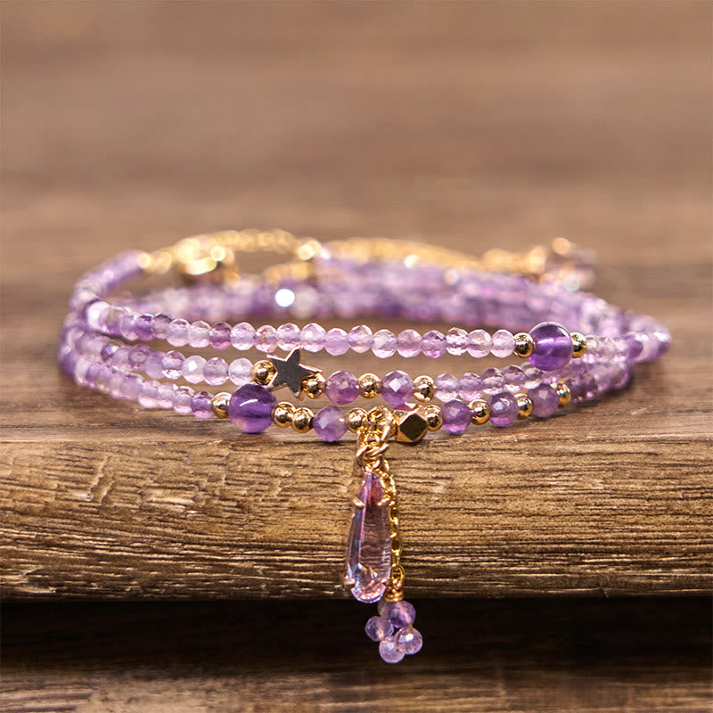 EverestArtstudios Natural Amethyst Water Drop Star Meditation Triple Wrap Bracelet