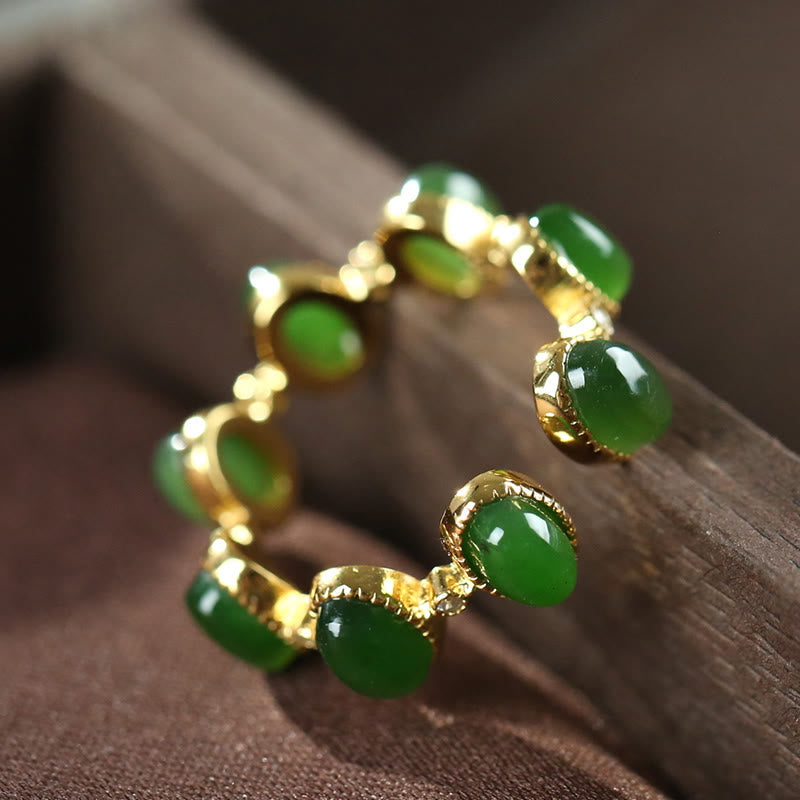 EverestArtstudios 925 Sterling Silver Hetian Cyan Jade Beads Healing Adjustable Ring