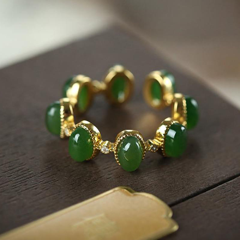 EverestArtstudios 925 Sterling Silver Hetian Cyan Jade Beads Healing Adjustable Ring