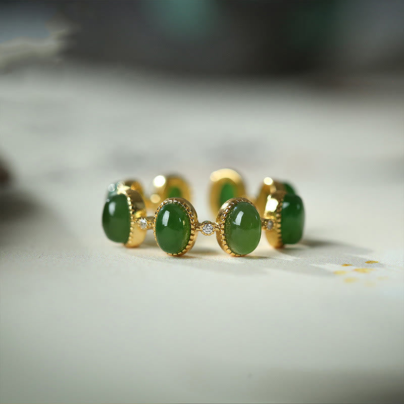 EverestArtstudios 925 Sterling Silver Hetian Cyan Jade Beads Healing Adjustable Ring