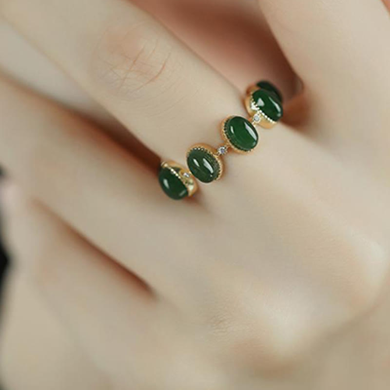 EverestArtstudios 925 Sterling Silver Hetian Cyan Jade Beads Healing Adjustable Ring