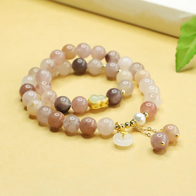 EverestArtstudios Natural Golden Silk Jade Double Layer Gourd Peace Buckle Luck Bracelet