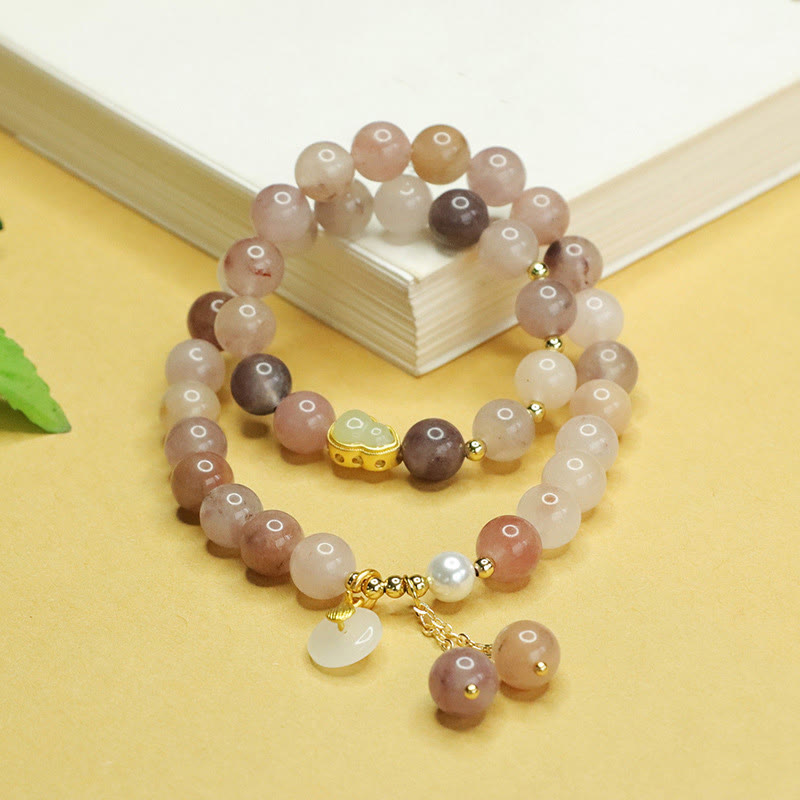 EverestArtstudios Natural Golden Silk Jade Double Layer Gourd Peace Buckle Luck Bracelet