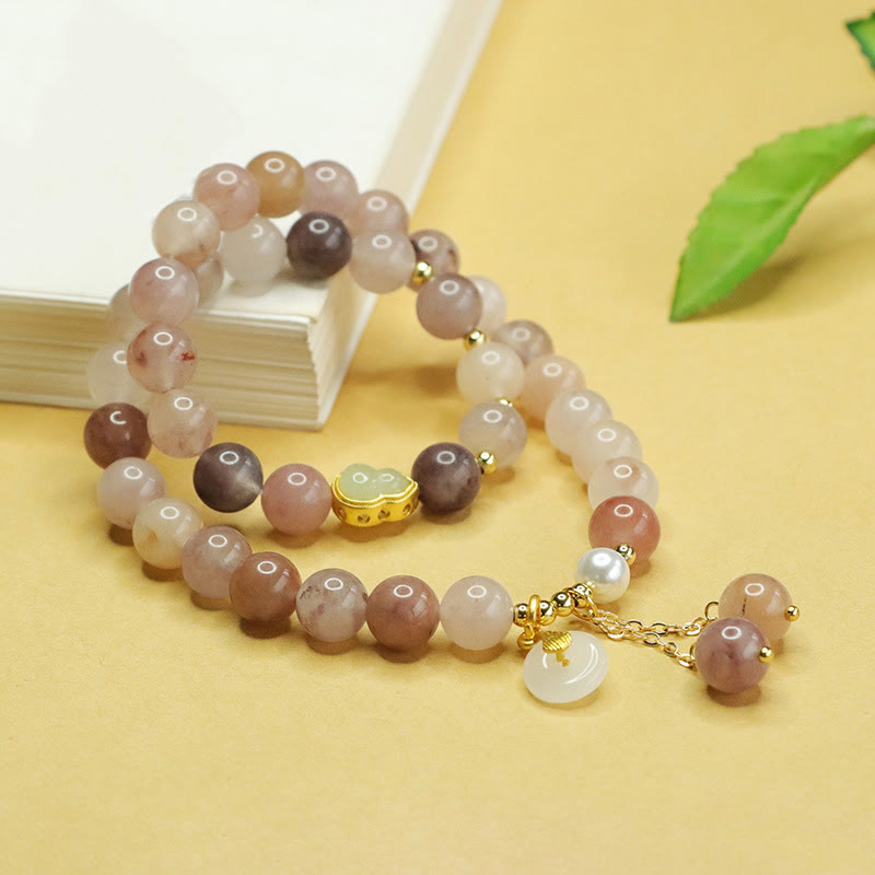 EverestArtstudios Natural Golden Silk Jade Double Layer Gourd Peace Buckle Luck Bracelet