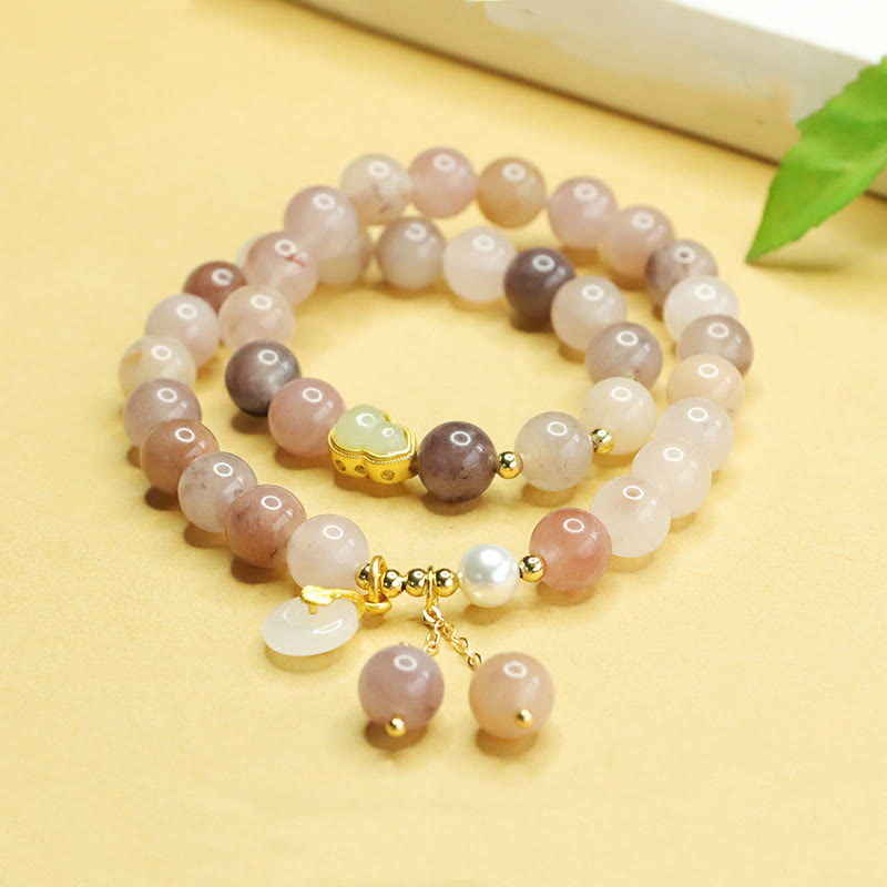 EverestArtstudios Natural Golden Silk Jade Double Layer Gourd Peace Buckle Luck Bracelet