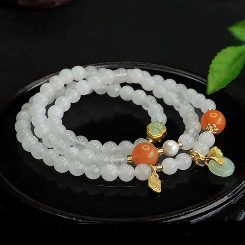 EverestArtstudios Natural White Jade Multi-layer Gourd Peace Buckle Fu Character Luck Bracelet