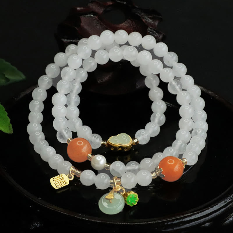 EverestArtstudios Natural White Jade Multi-layer Gourd Peace Buckle Fu Character Luck Bracelet