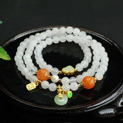 EverestArtstudios Natural White Jade Multi-layer Gourd Peace Buckle Fu Character Luck Bracelet