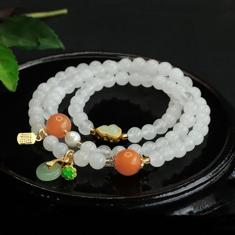 EverestArtstudios Natural White Jade Multi-layer Gourd Peace Buckle Fu Character Luck Bracelet