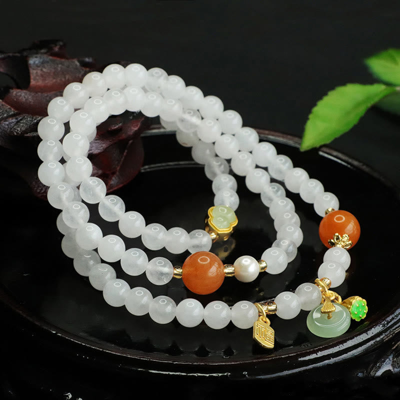 EverestArtstudios Natural White Jade Multi-layer Gourd Peace Buckle Fu Character Luck Bracelet