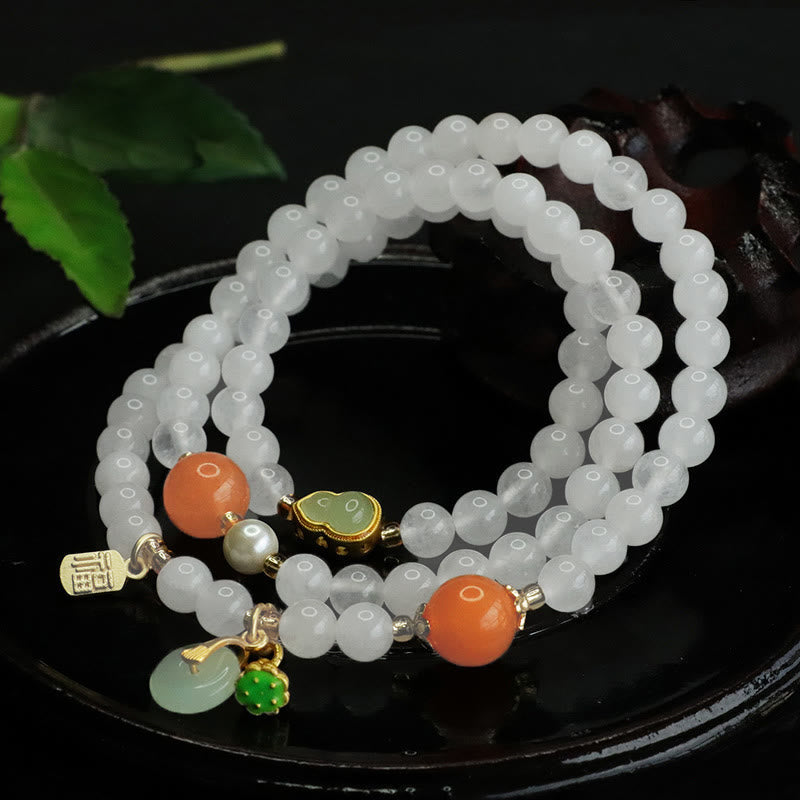 EverestArtstudios Natural White Jade Multi-layer Gourd Peace Buckle Fu Character Luck Bracelet