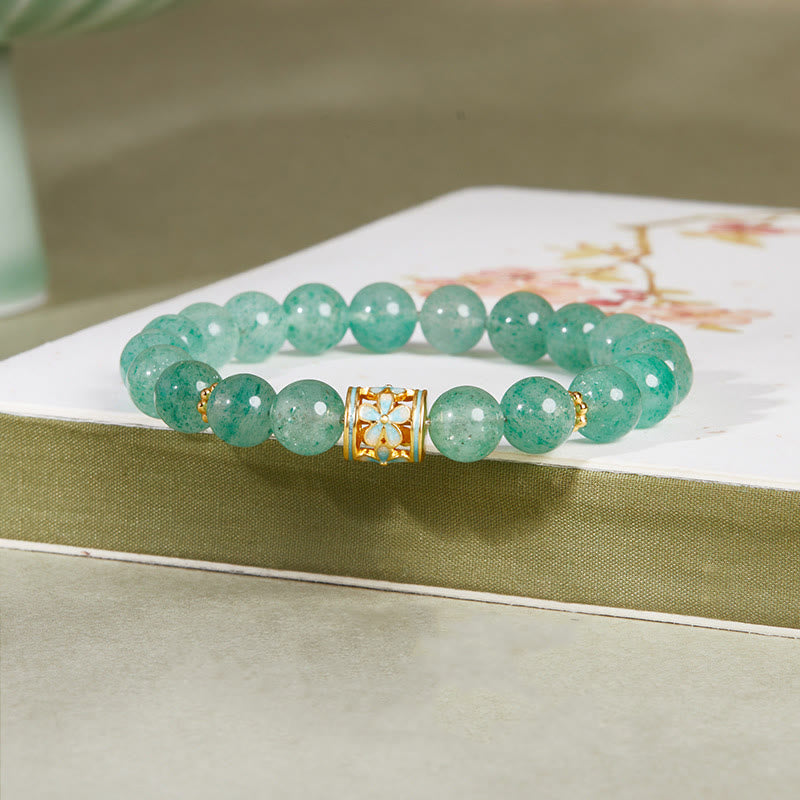 Buddha Stones 925 Sterling Silver Green Strawberry Quartz Flower Calm Bracelet