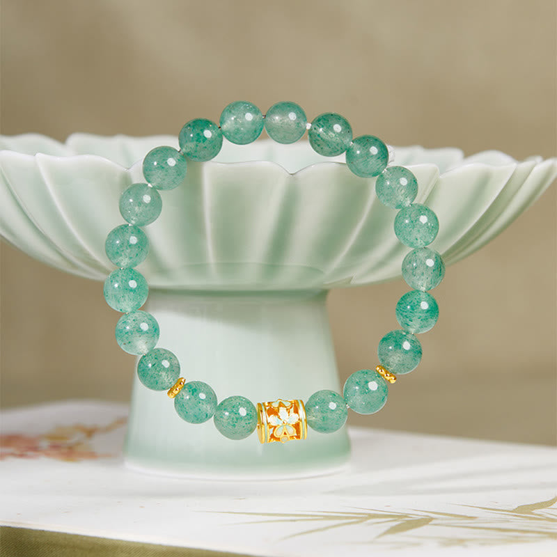 Buddha Stones 925 Sterling Silver Green Strawberry Quartz Flower Calm Bracelet
