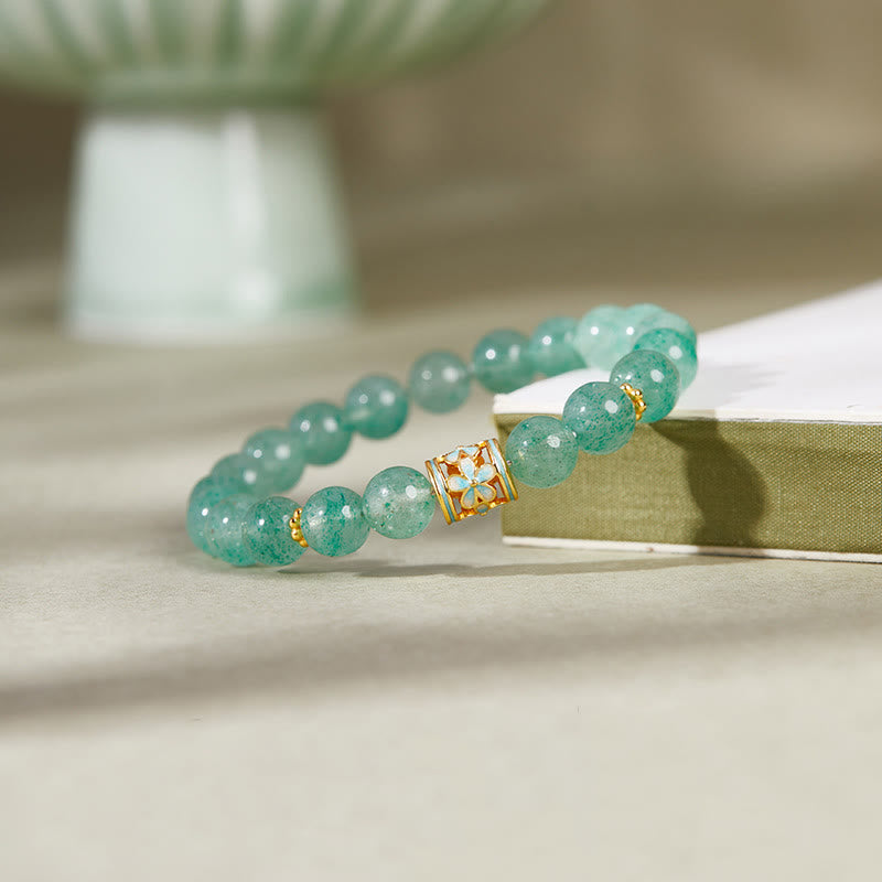 Buddha Stones 925 Sterling Silver Green Strawberry Quartz Flower Calm Bracelet