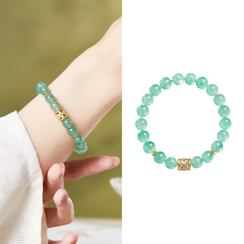 Buddha Stones 925 Sterling Silver Green Strawberry Quartz Flower Calm Bracelet