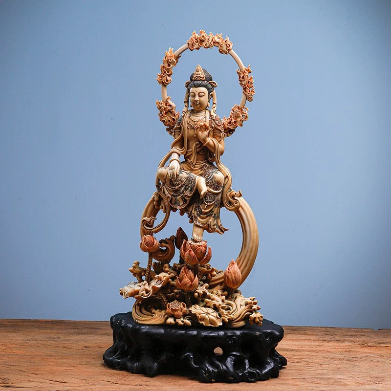 EverestArtStudios Natural Reclaimed Mammoth Ivory Water Moon Guanyin Avalokiteshvara Statue, Hand Carved Bodhisattva Sculpture, Buddhist Altar Decor, Collectible Art