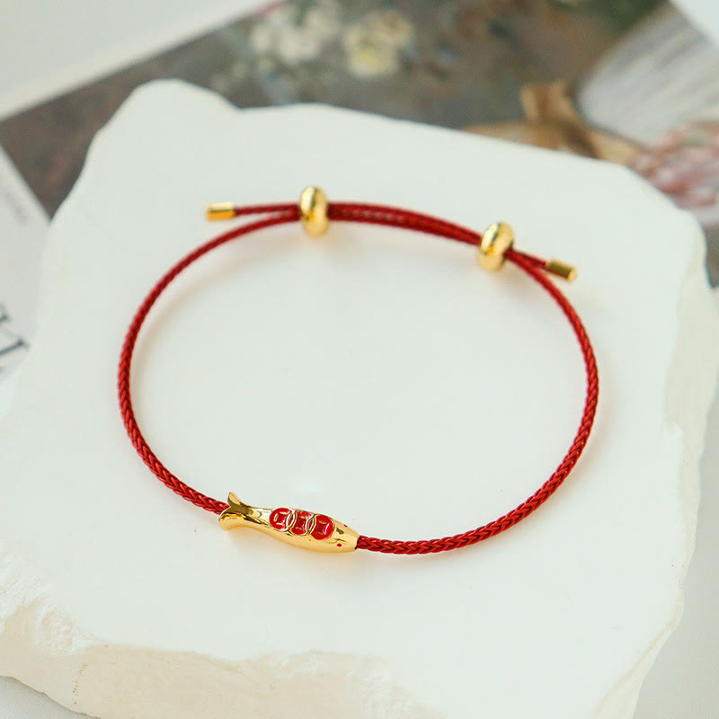 Buddha Stones Brass Koi Fish Red String Wealth Bracelet