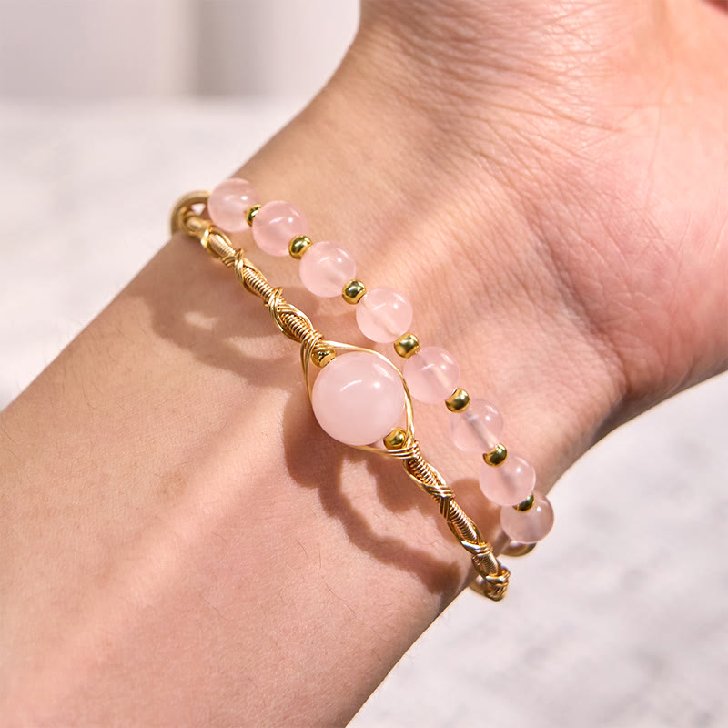 Buddha Stones Natural Rose Quartz Love Healing Metal Cuff Bracelet Bangle