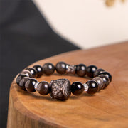 Buddha Stones Natural Silver Sheen Obsidian Lion Dance Protection Bracelet