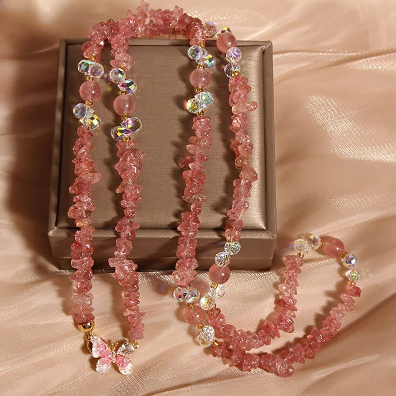 Buddha Stones Butterfly Flower Amethyst Strawberry Quartz Balance Necklace Pendant