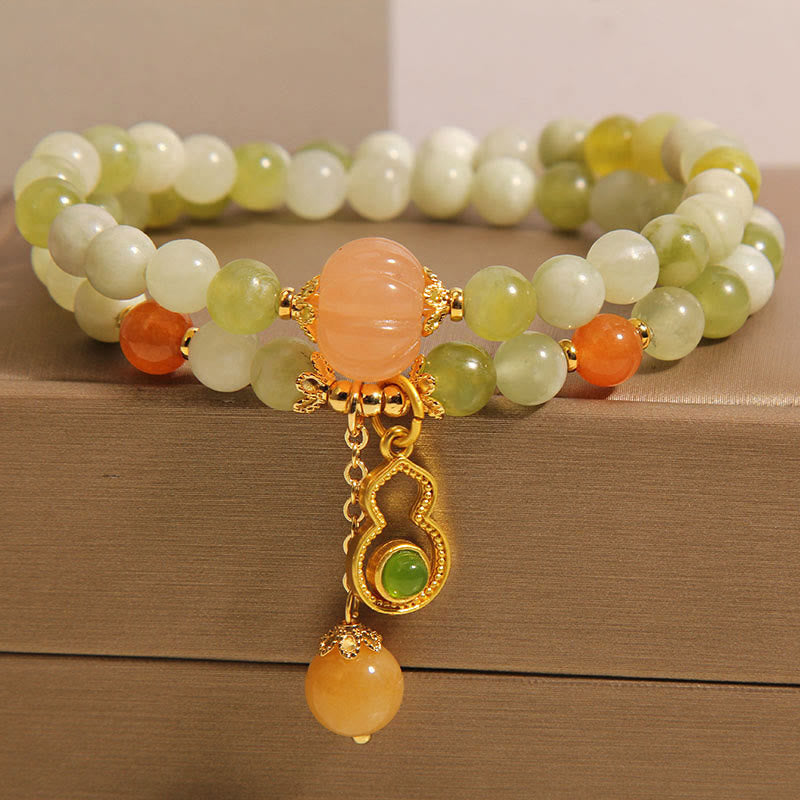EverestArtstudios Double Wrap Gourd Pumpkin Green Grape Serpentine Jade Luck Bracelet