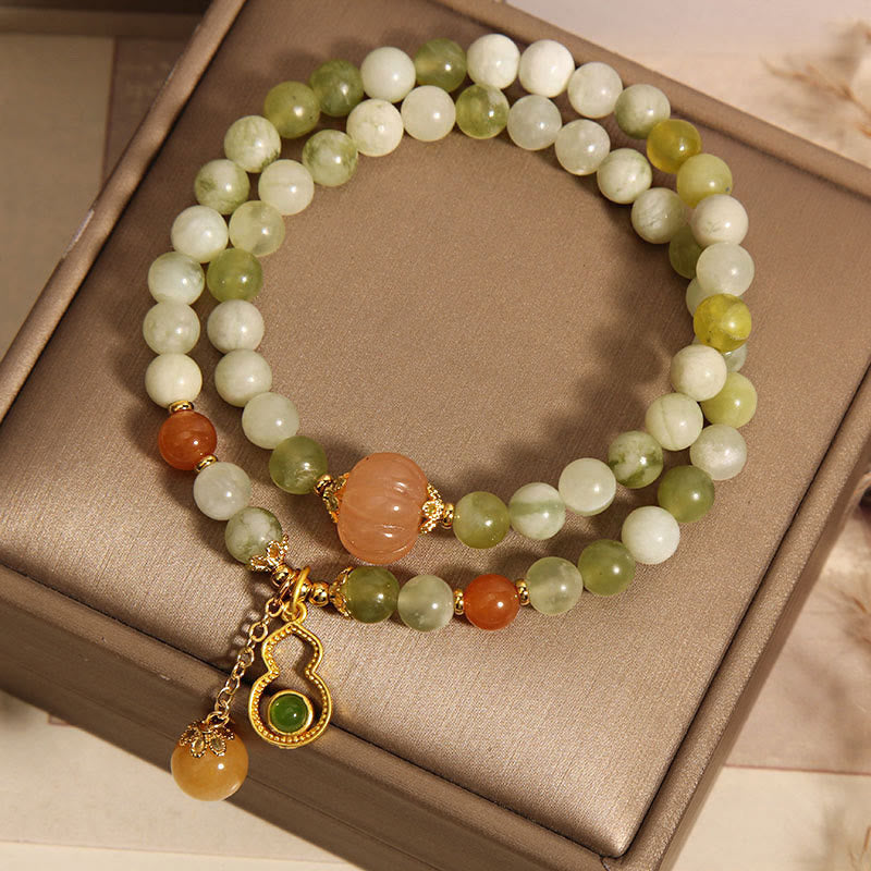 EverestArtstudios Double Wrap Gourd Pumpkin Green Grape Serpentine Jade Luck Bracelet