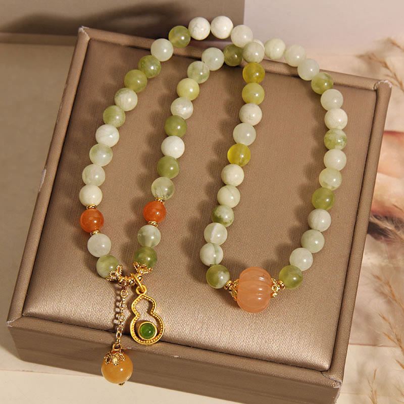 EverestArtstudios Double Wrap Gourd Pumpkin Green Grape Serpentine Jade Luck Bracelet