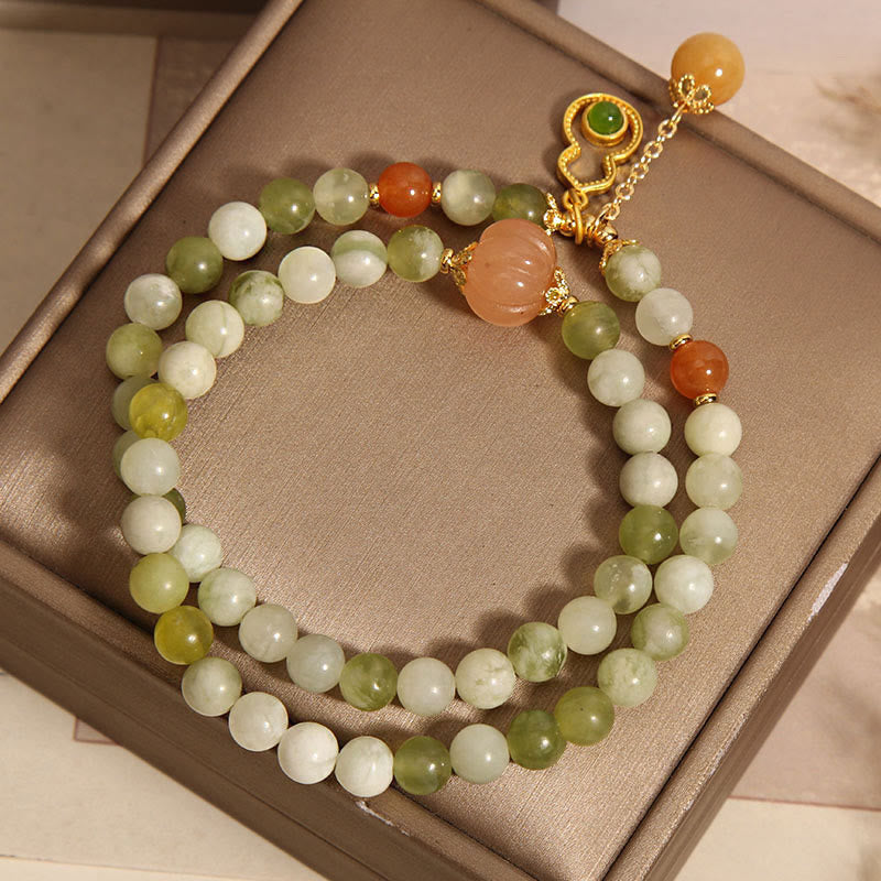 EverestArtstudios Double Wrap Gourd Pumpkin Green Grape Serpentine Jade Luck Bracelet