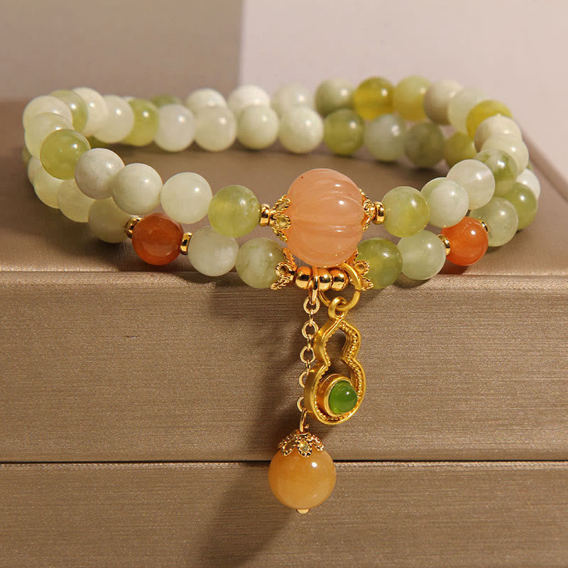 EverestArtstudios Double Wrap Gourd Pumpkin Green Grape Serpentine Jade Luck Bracelet
