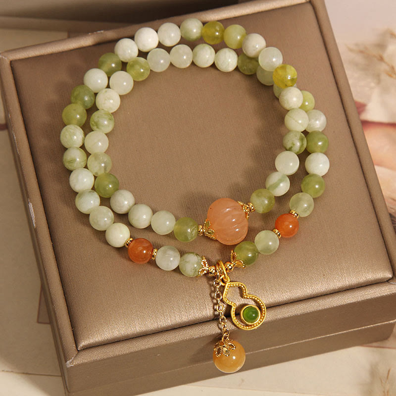 EverestArtstudios Double Wrap Gourd Pumpkin Green Grape Serpentine Jade Luck Bracelet