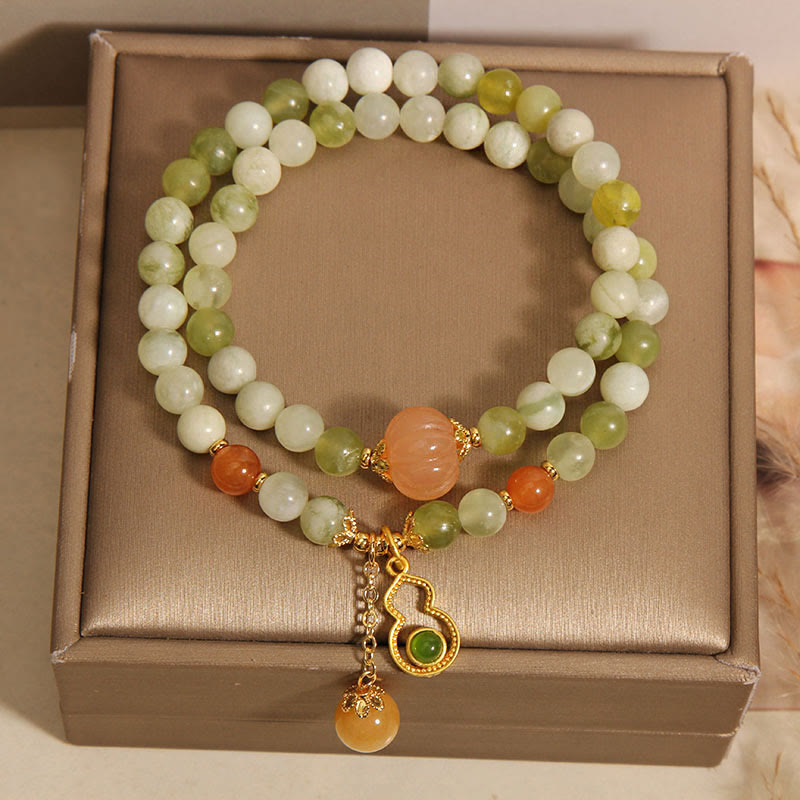 EverestArtstudios Double Wrap Gourd Pumpkin Green Grape Serpentine Jade Luck Bracelet