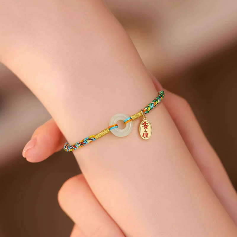 EverestArtstudios Handmade Peace Buckle Jade Prosperity 925 Sterling Silver Colorful Rope Bracelet