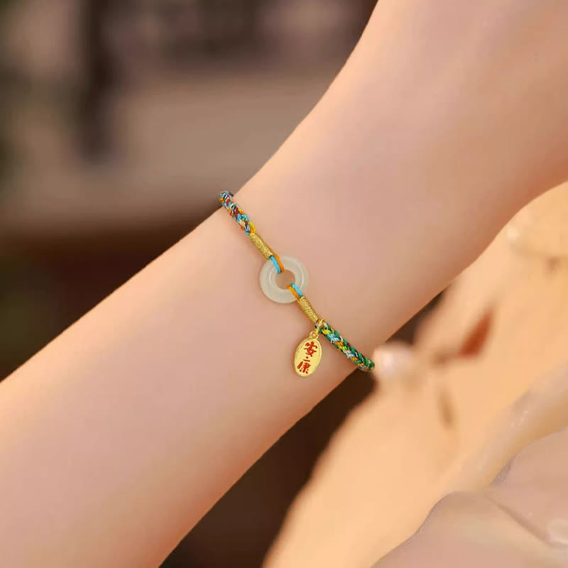 EverestArtstudios Handmade Peace Buckle Jade Prosperity 925 Sterling Silver Colorful Rope Bracelet