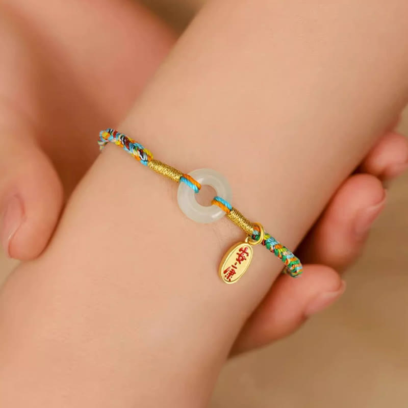 EverestArtstudios Handmade Peace Buckle Jade Prosperity 925 Sterling Silver Colorful Rope Bracelet