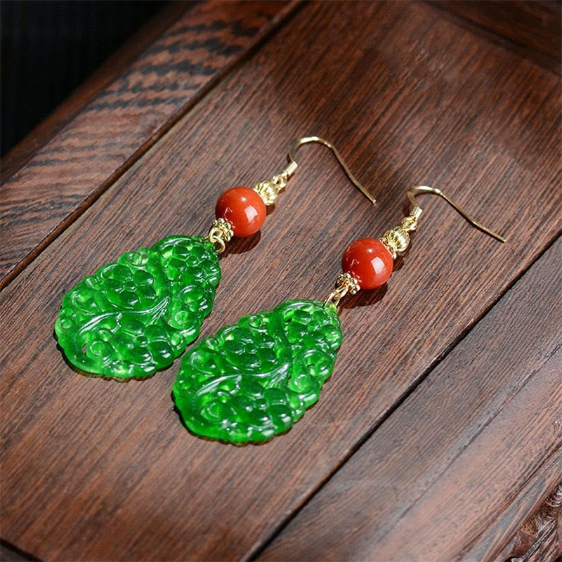 EverestArtstudios Water Droplet Hollow Shape Jade Red Agate 925 Sterling Silver Luck Earrings
