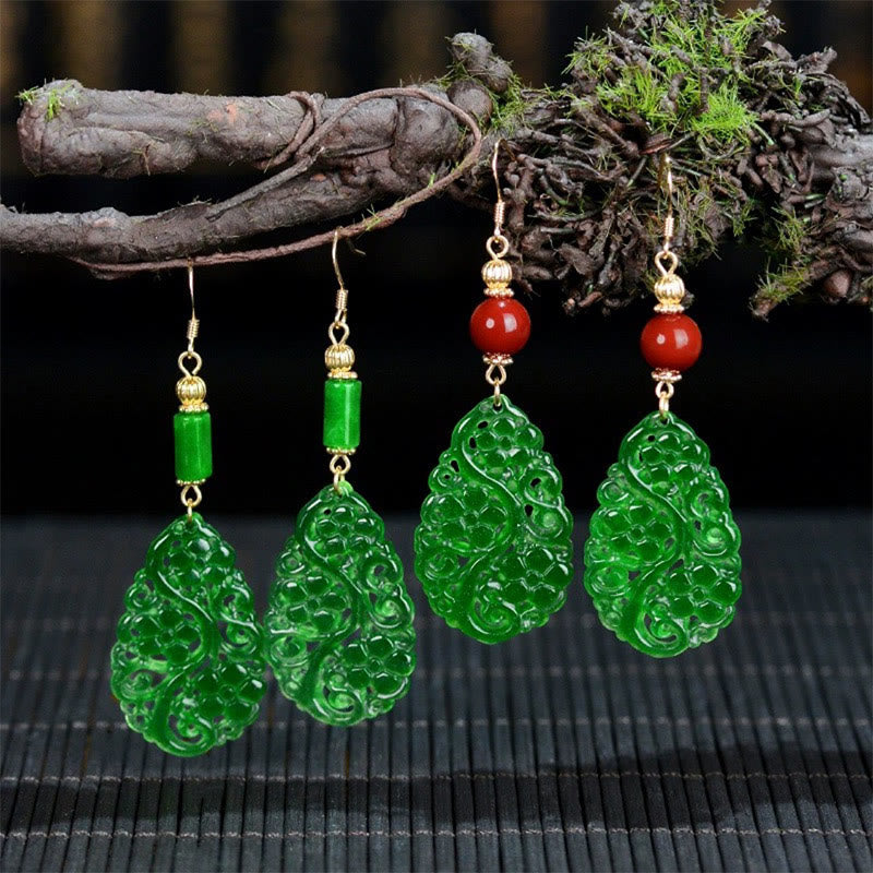 EverestArtstudios Water Droplet Hollow Shape Jade Red Agate 925 Sterling Silver Luck Earrings