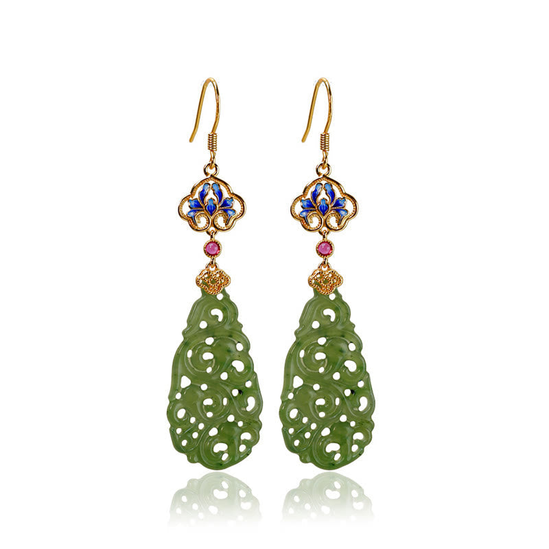 EverestArtstudios Hollow Hetian Jade Enamel 925 Sterling Silver Prosperity Earrings