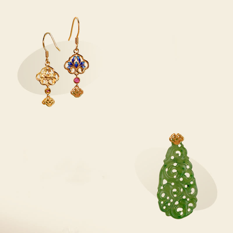 EverestArtstudios Hollow Hetian Jade Enamel 925 Sterling Silver Prosperity Earrings