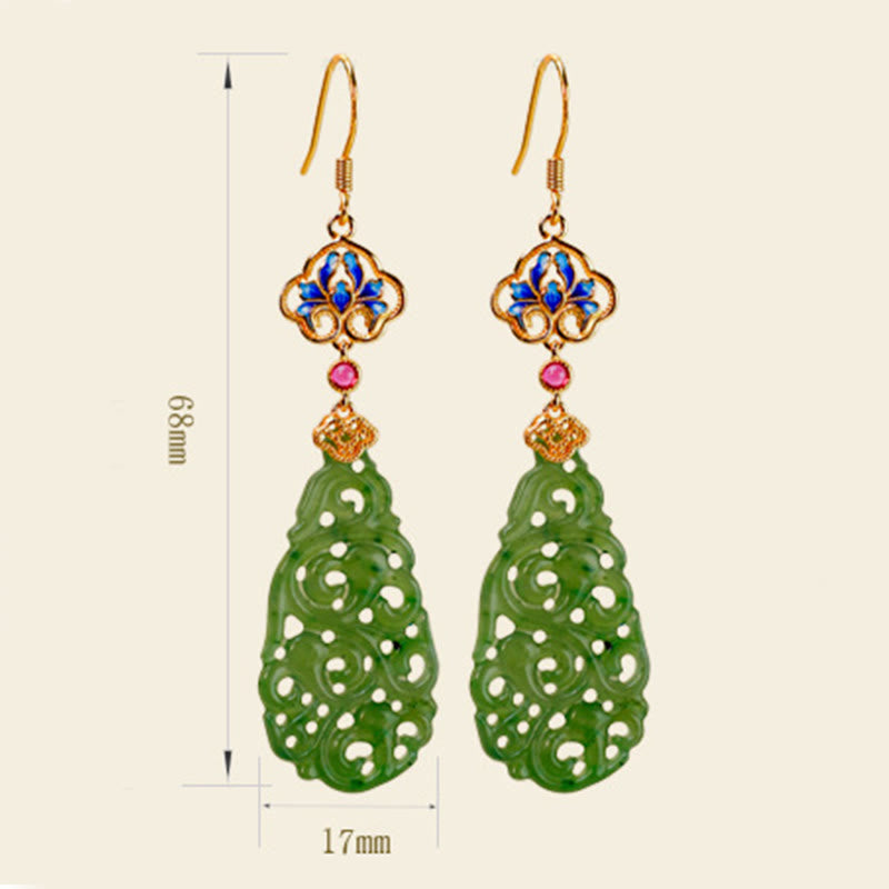 EverestArtstudios Hollow Hetian Jade Enamel 925 Sterling Silver Prosperity Earrings
