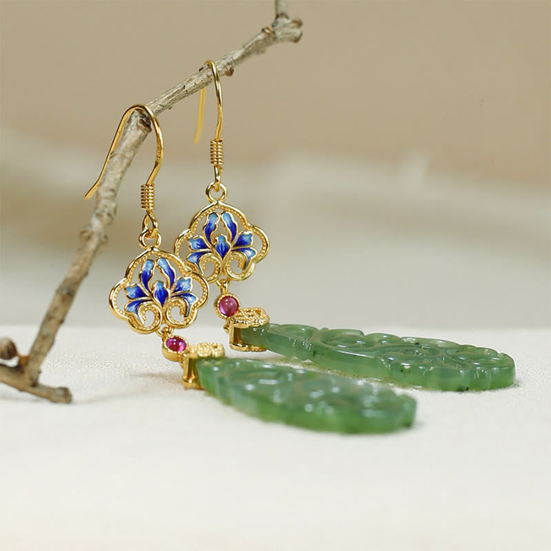 EverestArtstudios Hollow Hetian Jade Enamel 925 Sterling Silver Prosperity Earrings