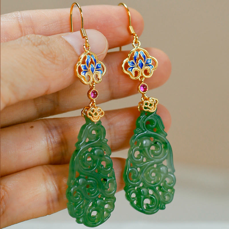 EverestArtstudios Hollow Hetian Jade Enamel 925 Sterling Silver Prosperity Earrings