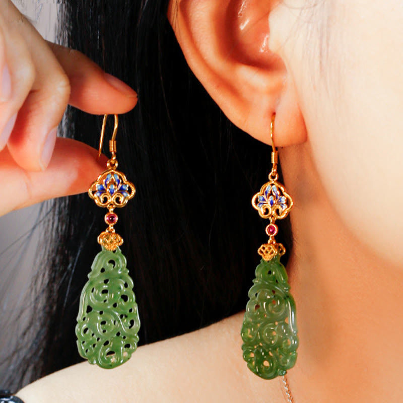 EverestArtstudios Hollow Hetian Jade Enamel 925 Sterling Silver Prosperity Earrings