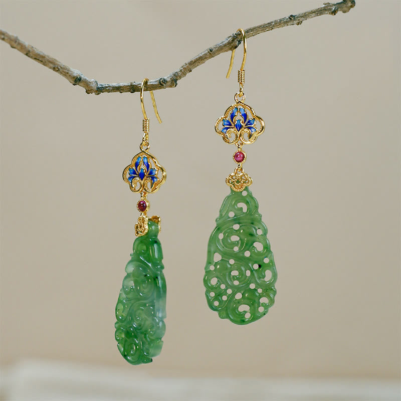 EverestArtstudios Hollow Hetian Jade Enamel 925 Sterling Silver Prosperity Earrings